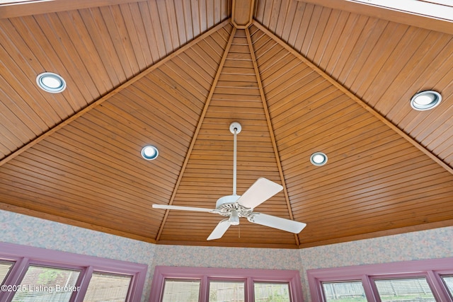 details with recessed lighting, wallpapered walls, and a ceiling fan