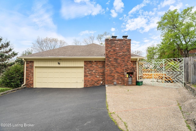 view of front of home with a garage, a chimney, aphalt driveway, brick siding, and roof with shingles