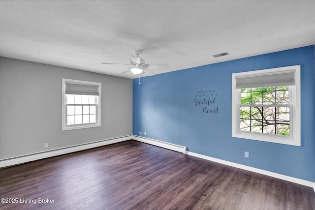 unfurnished room with plenty of natural light, visible vents, dark wood finished floors, and ceiling fan