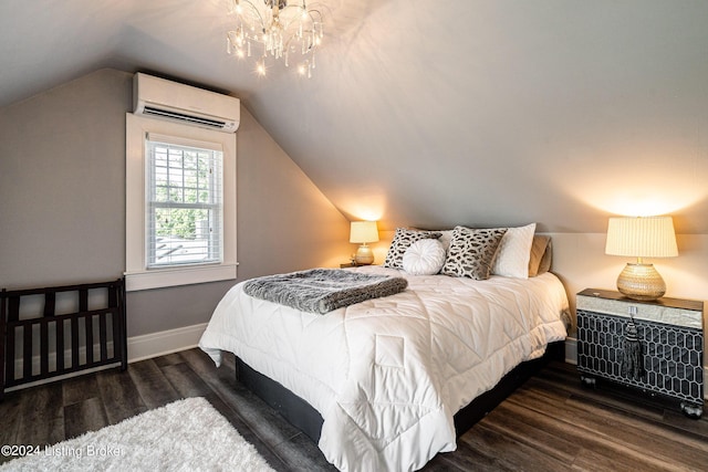 bedroom featuring a wall mounted AC, a notable chandelier, baseboards, lofted ceiling, and wood finished floors