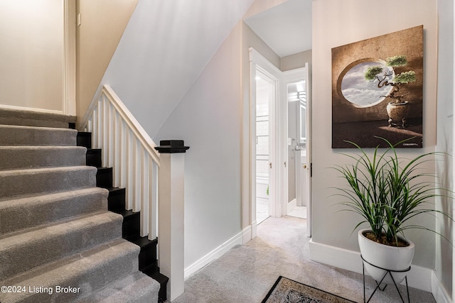 stairs featuring baseboards and carpet flooring