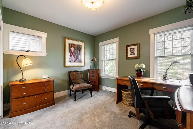 office with light carpet and baseboards