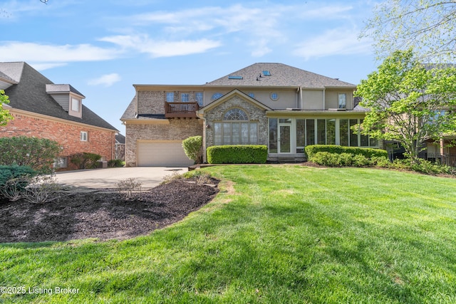 14801 Forest Oaks Dr, Louisville, KY 40245 - view of front of home with concrete driveway, a balcony, an attached garage, a front yard, and a sunroom
