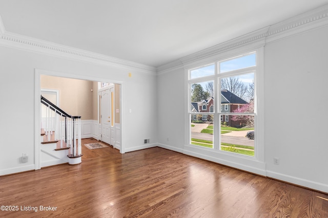 14801 Forest Oaks Dr, Louisville, KY 40245 - unfurnished room with stairs, crown molding, and wood finished floors
