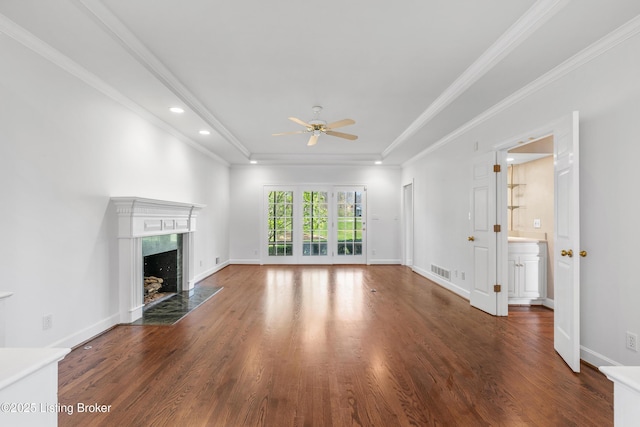14801 Forest Oaks Dr, Louisville, KY 40245 - unfurnished living room featuring ceiling fan, visible vents, recessed lighting, wood finished floors, and a high end fireplace