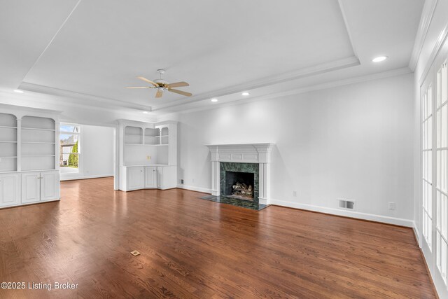 14801 Forest Oaks Dr, Louisville, KY 40245 - unfurnished living room featuring visible vents, a ceiling fan, crown molding, and a raised ceiling