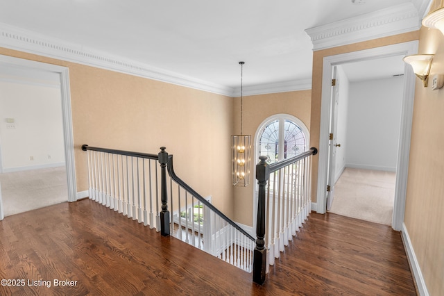 14801 Forest Oaks Dr, Louisville, KY 40245 - stairs featuring a chandelier, baseboards, ornamental molding, and wood finished floors
