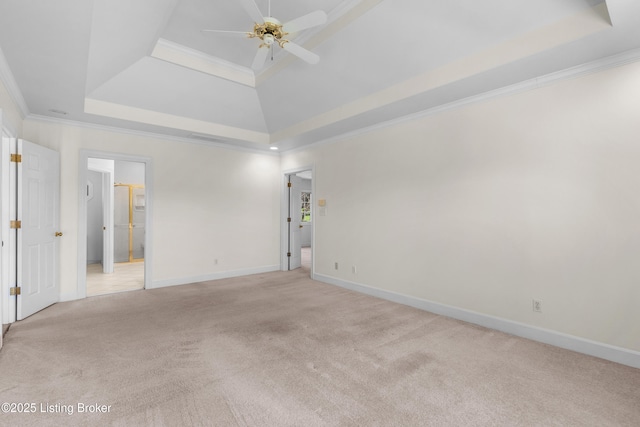 14801 Forest Oaks Dr, Louisville, KY 40245 - unfurnished room with baseboards, ornamental molding, light carpet, a raised ceiling, and ceiling fan