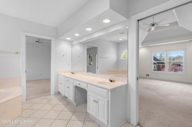 14801 Forest Oaks Dr, Louisville, KY 40245 - bathroom with a sink, ceiling fan, recessed lighting, tile patterned flooring, and a garden tub