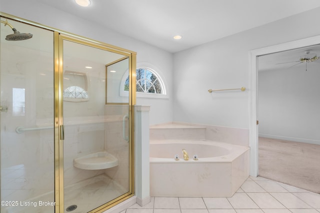 14801 Forest Oaks Dr, Louisville, KY 40245 - full bathroom with a shower stall, tile patterned floors, a bath, and recessed lighting