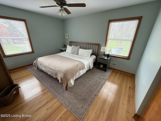 bedroom with light wood-type flooring, baseboards, multiple windows, and visible vents