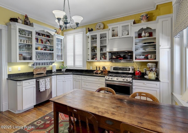 kitchen featuring stainless steel range with gas stovetop, dishwashing machine, open shelves, a chandelier, and under cabinet range hood