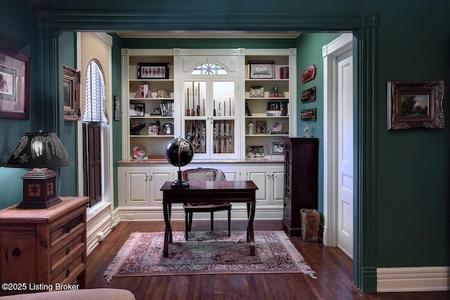 home office featuring dark wood-type flooring