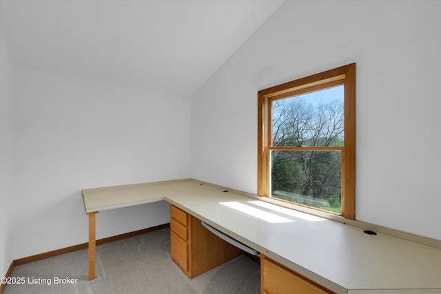 7700 Organ Creek Rd, Pendleton, KY 40055 - unfurnished office featuring baseboards, light carpet, lofted ceiling, and built in study area