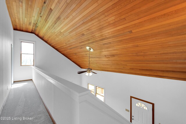 7700 Organ Creek Rd, Pendleton, KY 40055 - hall featuring baseboards, carpet floors, lofted ceiling, and wood ceiling