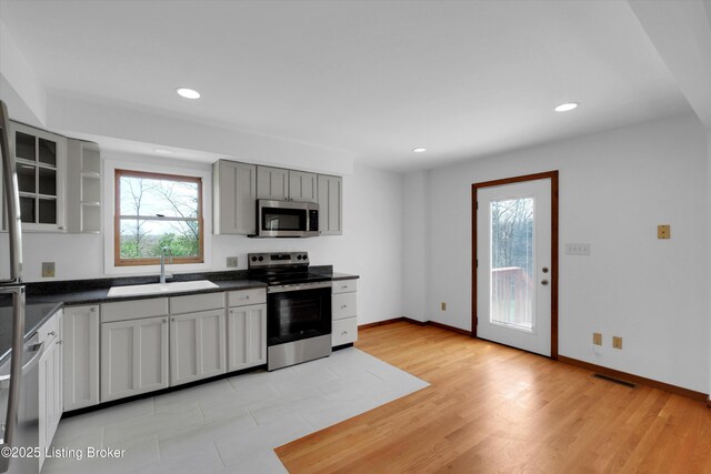 7700 Organ Creek Rd, Pendleton, KY 40055 - kitchen featuring a sink, gray cabinets, visible vents, dark countertops, and appliances with stainless steel finishes
