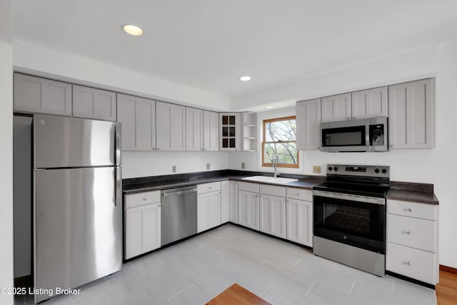 7700 Organ Creek Rd, Pendleton, KY 40055 - kitchen featuring dark countertops, stainless steel appliances, open shelves, and a sink