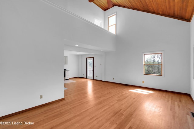 7700 Organ Creek Rd, Pendleton, KY 40055 - unfurnished living room featuring recessed lighting, wooden ceiling, light wood-style floors, baseboards, and high vaulted ceiling