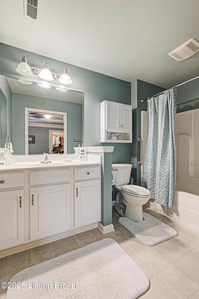 bathroom featuring visible vents, toilet, shower / tub combo, and tile patterned flooring
