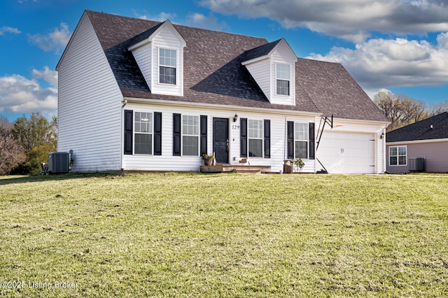 cape cod house with a front lawn, central AC unit, a shingled roof, and a garage