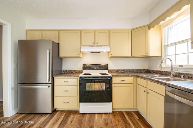 kitchen with cream cabinetry, under cabinet range hood, wood finished floors, a sink, and stainless steel appliances
