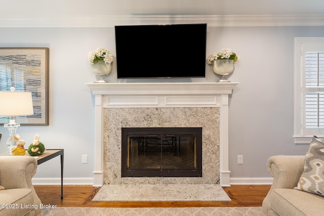 room details featuring crown molding, wood finished floors, a high end fireplace, and baseboards