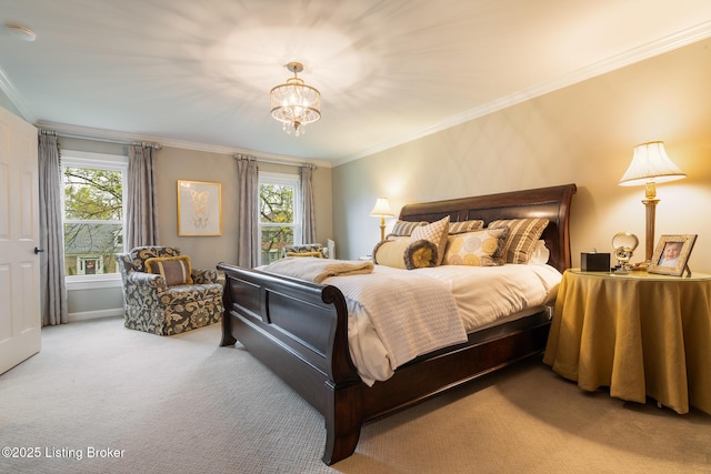 carpeted bedroom featuring a chandelier, ornamental molding, and multiple windows