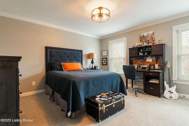 bedroom featuring carpet flooring, baseboards, and ornamental molding