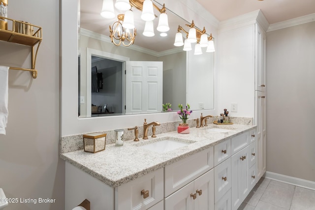 full bath with a sink, ornamental molding, double vanity, and tile patterned flooring
