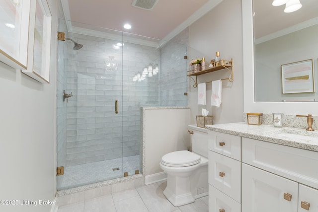 full bathroom with ornamental molding, a stall shower, tile patterned flooring, toilet, and visible vents