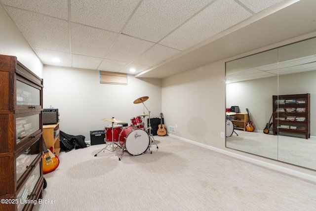 game room with recessed lighting, carpet, visible vents, and a drop ceiling