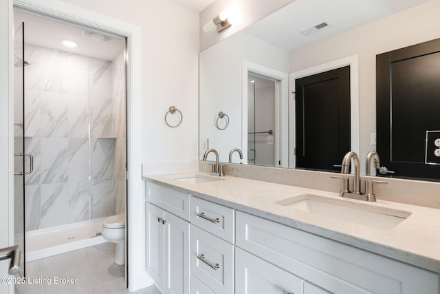 3238 Catalpa Farms Dr, Fisherville, KY 40023 - full bathroom with toilet, double vanity, a marble finish shower, and tile patterned floors