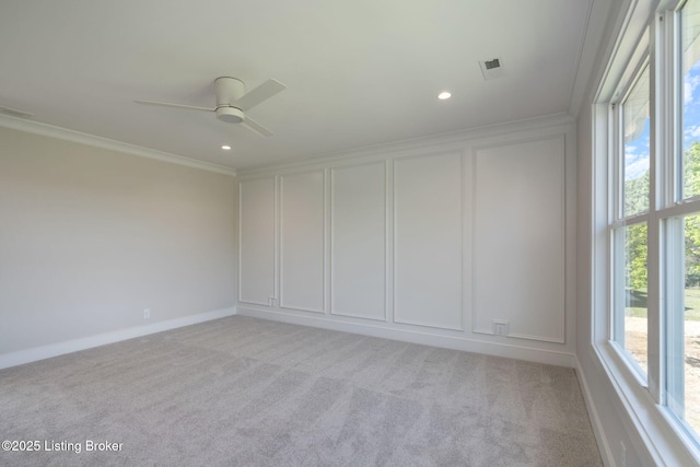 3238 Catalpa Farms Dr, Fisherville, KY 40023 - empty room featuring crown molding, healthy amount of natural light, a ceiling fan, light carpet, and recessed lighting