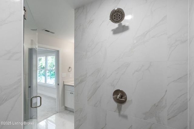 3238 Catalpa Farms Dr, Fisherville, KY 40023 - bathroom featuring a marble finish shower, marble finish floors, baseboards, and vanity