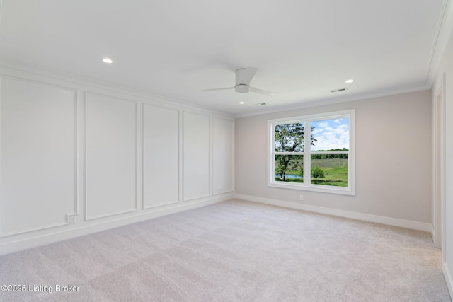 3238 Catalpa Farms Dr, Fisherville, KY 40023 - unfurnished room with ornamental molding, ceiling fan, light carpet, recessed lighting, and baseboards