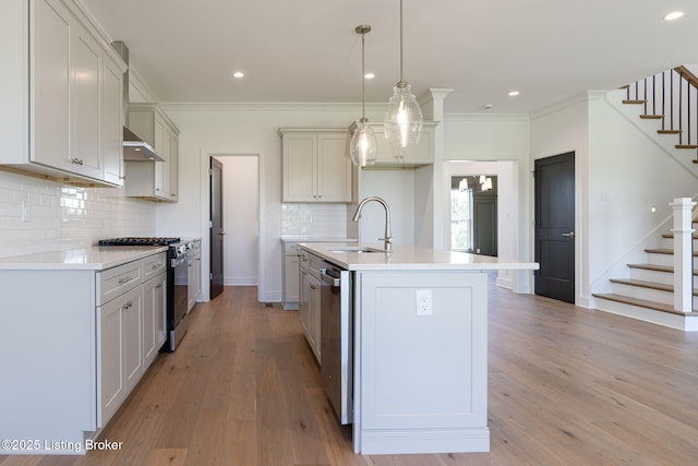 3238 Catalpa Farms Dr, Fisherville, KY 40023 - kitchen featuring stainless steel appliances, a sink, backsplash, ornamental molding, and light wood-style floors