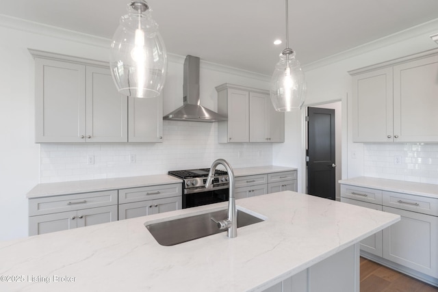 3238 Catalpa Farms Dr, Fisherville, KY 40023 - kitchen featuring wall chimney exhaust hood, gray cabinets, crown molding, a sink, and light stone countertops