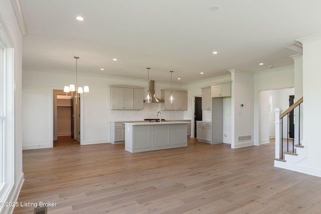 3238 Catalpa Farms Dr, Fisherville, KY 40023 - kitchen featuring wall chimney exhaust hood, a sink, decorative backsplash, open floor plan, and recessed lighting