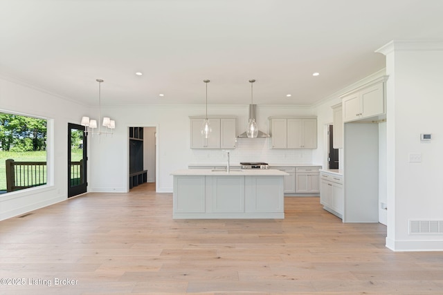 3238 Catalpa Farms Dr, Fisherville, KY 40023 - kitchen with wall chimney exhaust hood, light countertops, tasteful backsplash, a sink, and light wood-style flooring