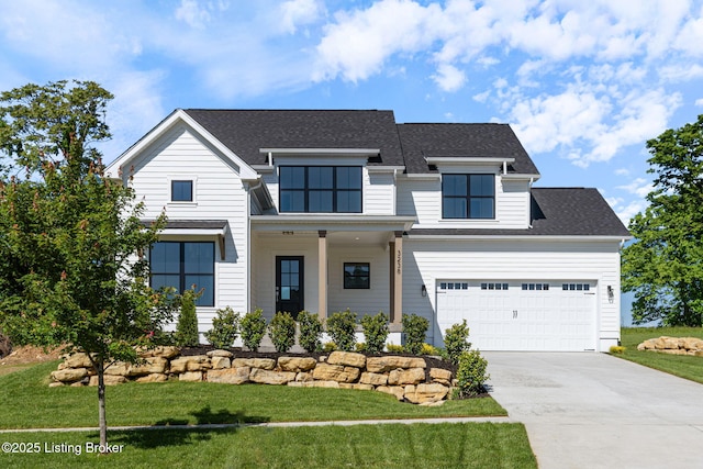 3238 Catalpa Farms Dr, Fisherville, KY 40023 - view of front of home featuring concrete driveway, a front lawn, a shingled roof, and covered porch