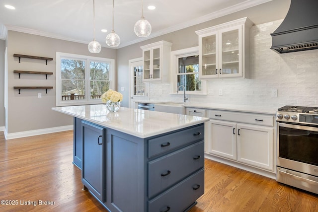 kitchen featuring decorative backsplash, premium range hood, white cabinets, a sink, and appliances with stainless steel finishes