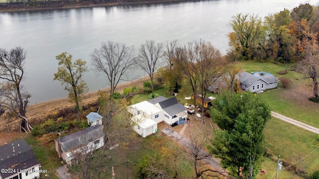 drone / aerial view with a water view