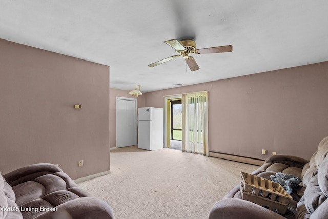 living room with light colored carpet, a baseboard radiator, baseboards, and a ceiling fan