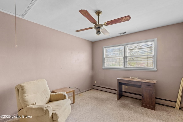 living area featuring visible vents, ceiling fan, attic access, and light carpet