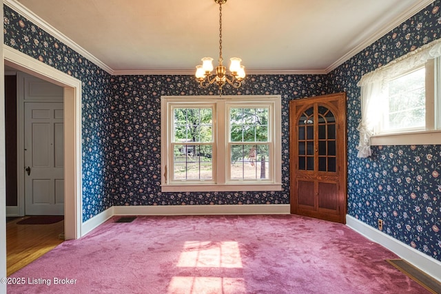 325 Wood Rd, Lyndon, KY 40222 - unfurnished dining area featuring ornamental molding, a chandelier, and a healthy amount of sunlight
