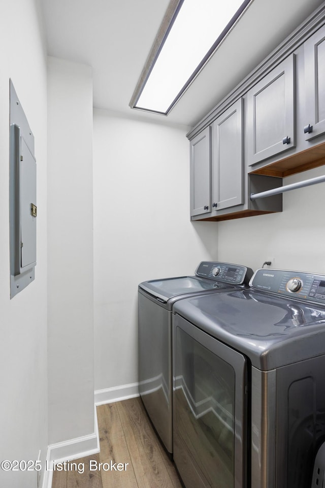 6507 S Dr, Louisville, KY 40272 - washroom with washer and clothes dryer, light wood-style floors, cabinet space, electric panel, and baseboards
