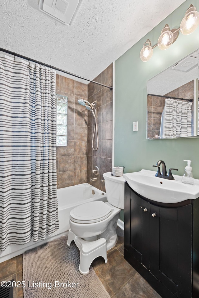 6507 S Dr, Louisville, KY 40272 - bathroom with shower / bath combo, vanity, toilet, a textured ceiling, and tile patterned flooring
