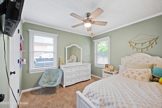 6507 S Dr, Louisville, KY 40272 - bedroom featuring light carpet, ornamental molding, baseboards, a textured ceiling, and a ceiling fan