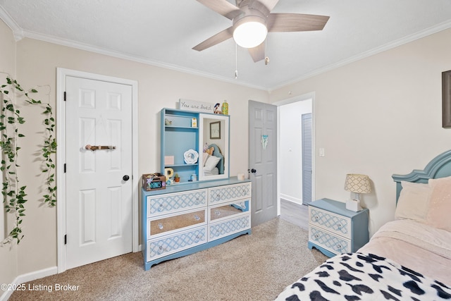 6507 S Dr, Louisville, KY 40272 - carpeted bedroom with crown molding, baseboards, and a ceiling fan
