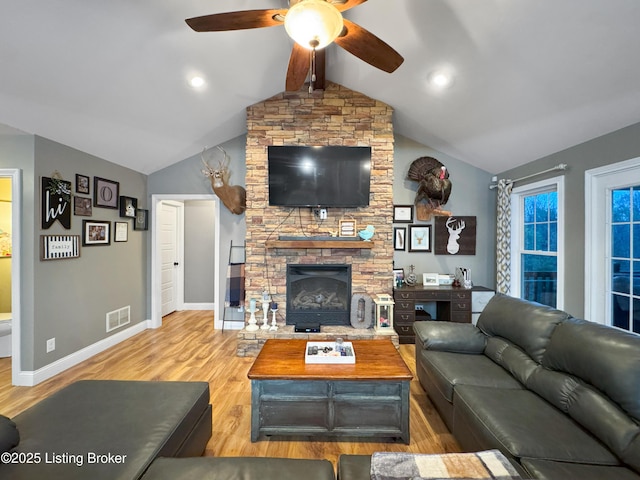 444 Wire Ln, Bardstown, KY 40004 - living area with vaulted ceiling with beams, baseboards, a ceiling fan, wood finished floors, and a fireplace